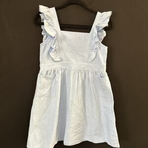 100% Cotton Babydoll Pinefore Blue Mini Dress Size Small Ruffle Trim Cottagecore